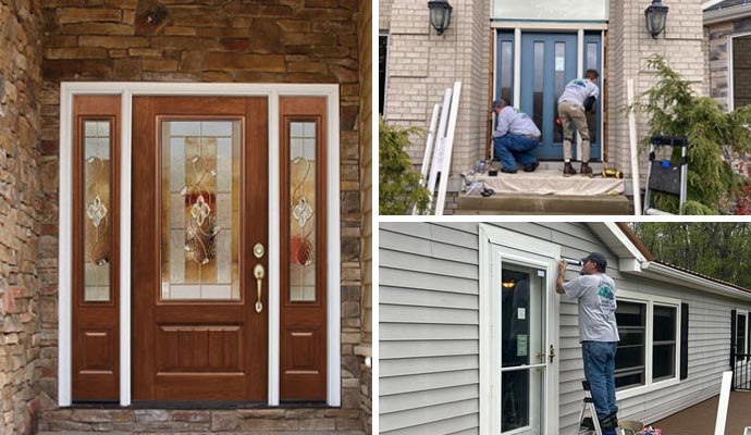 Collage showing a decorative wooden front door with glass panels and workers installing exterior doors on residential homes
