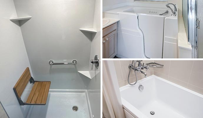 Collage of accessible bathroom designs including a walk-in shower, walk-in bathtub and clean bathtub interior