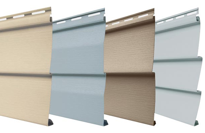 Four Mastic Ovation™ vinyl siding panels in beige, blue, brown and light gray shades displayed side by side