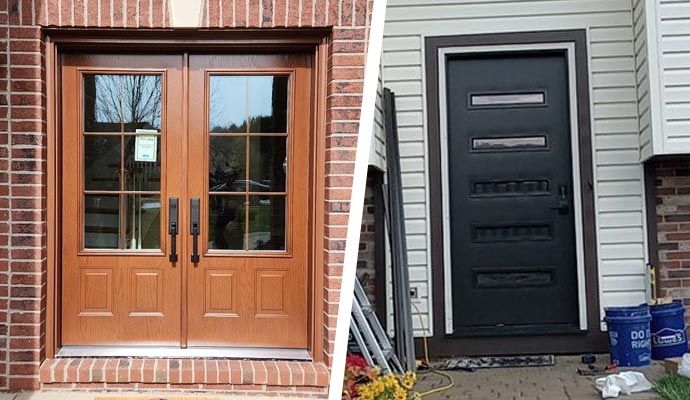Collage showing fiberglass and steel entry doors for residential properties