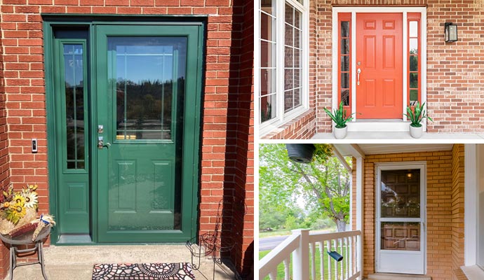 Collage of green, orange, and white Spectrum Storm Doors in multiple styles at home entrances