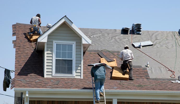 Professional team repairing roof
