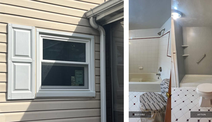 before and after view of window and bathroom remodeling